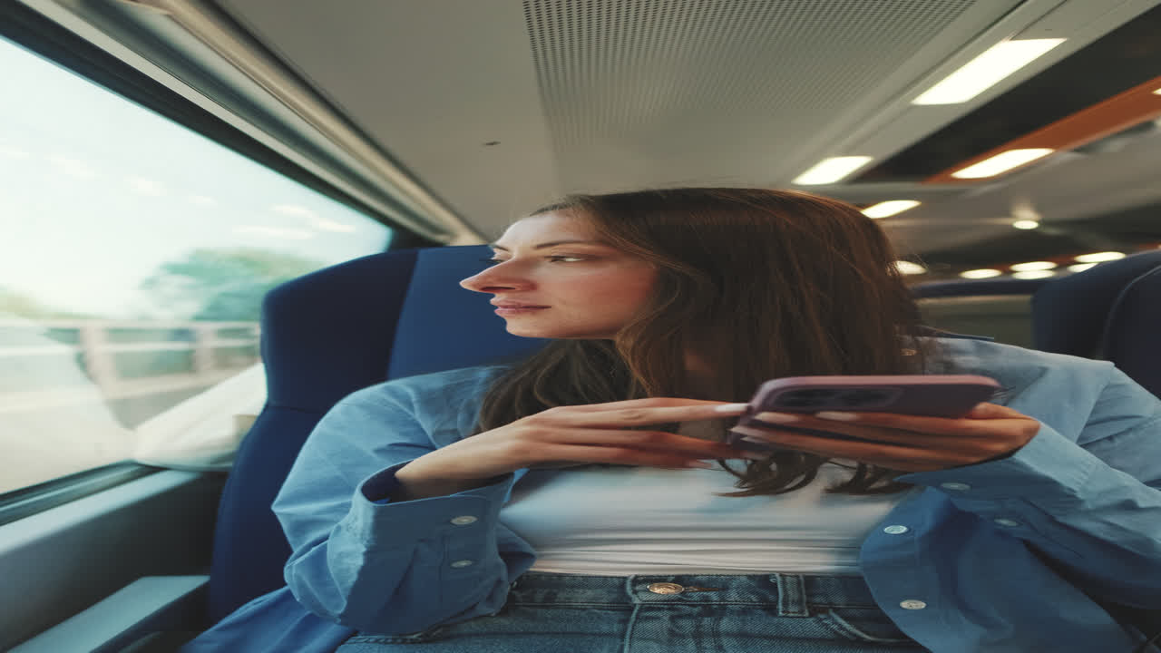 Young Woman Traveling by Train While Using Her Smartphone