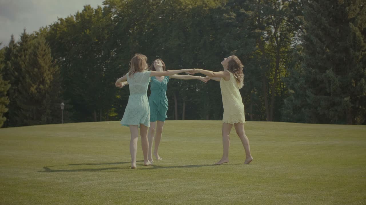 веселые красивые девушки танцуют в зеленом поле