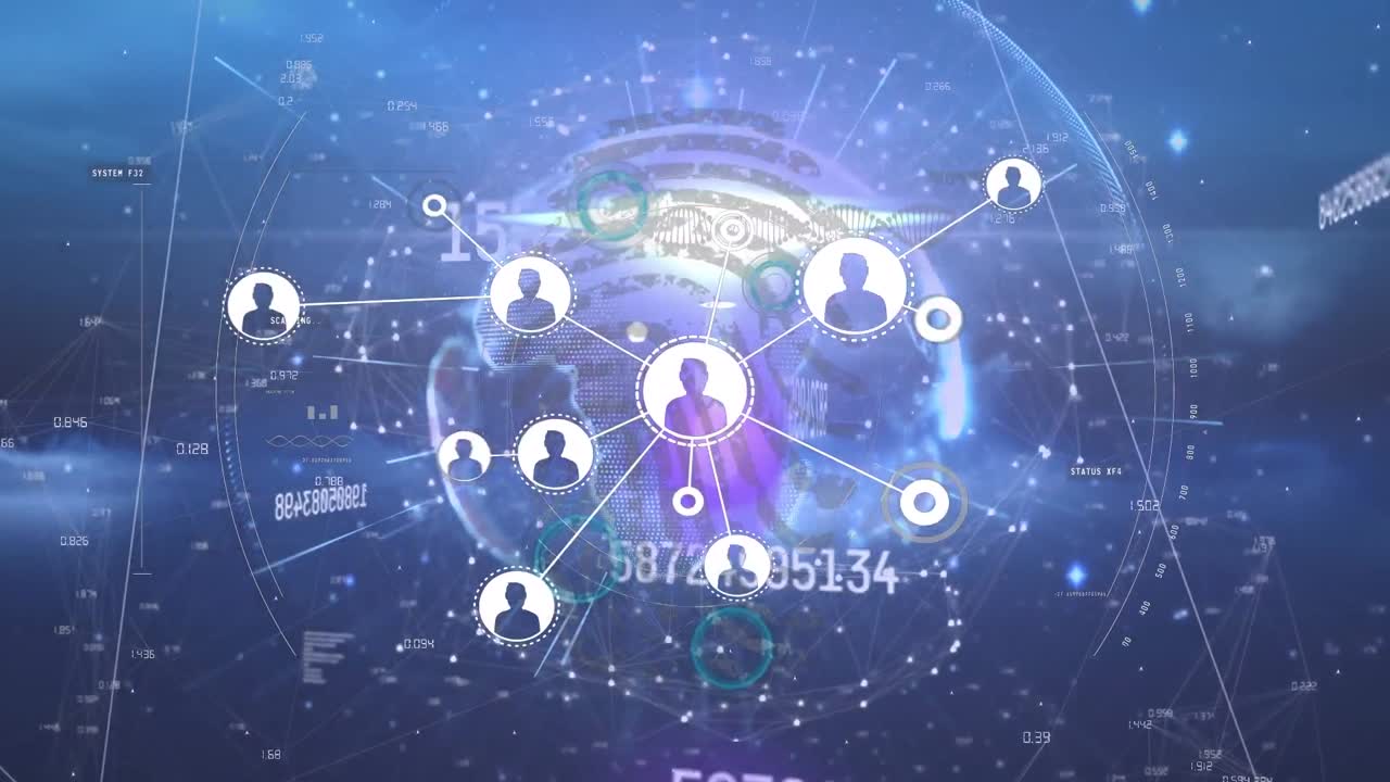 추상적인 배경에 대한 변화하는 숫자와 지구상 위에 연결된 아이콘의 애니메이션