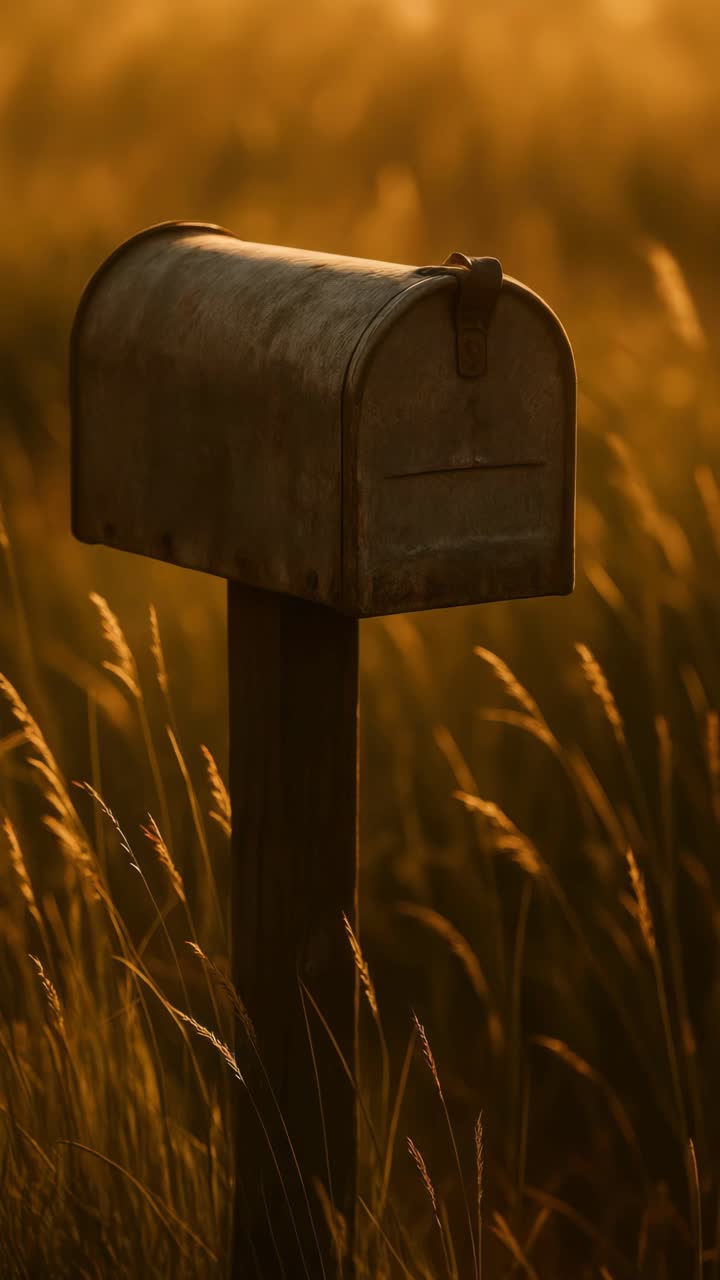 Una cassetta della posta rustica in un campo al tramonto, ripresa da un'angolazione bassa.