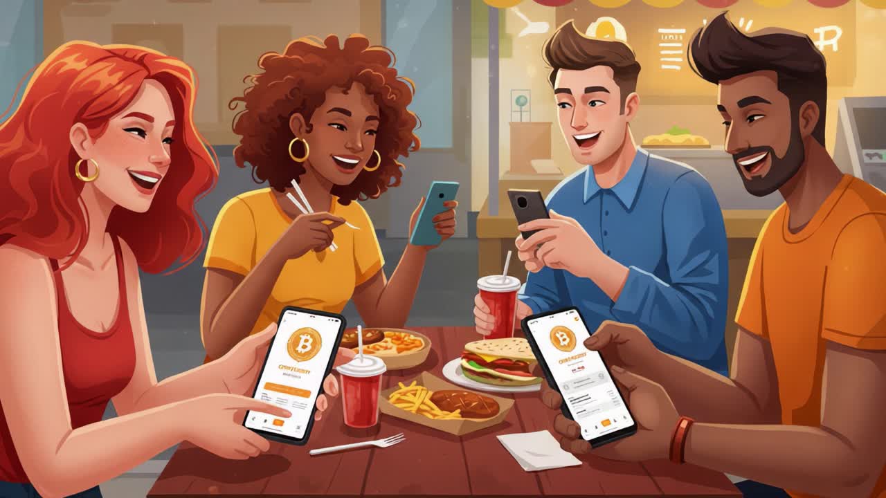 A vibrant gathering of friends enjoying food and drinks while engaging with apps on their smartphones, highlighting a modern social experience infused with digital technology