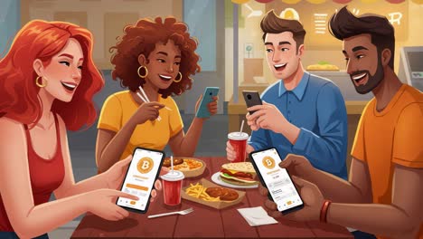 a vibrant gathering of friends enjoying food and drinks while engaging with apps on their smartphones, highlighting a modern social experience infused with digital technology