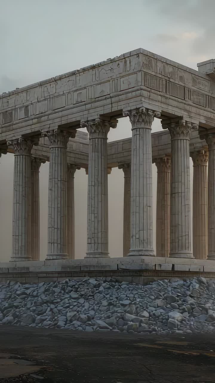Vertical video: Camera panning subtly revealing fluted columns on raised plinth, showing dusk light