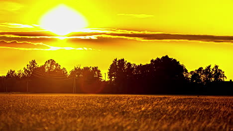 glowing setting sun over farmland fields - golden cloudscape time lapse