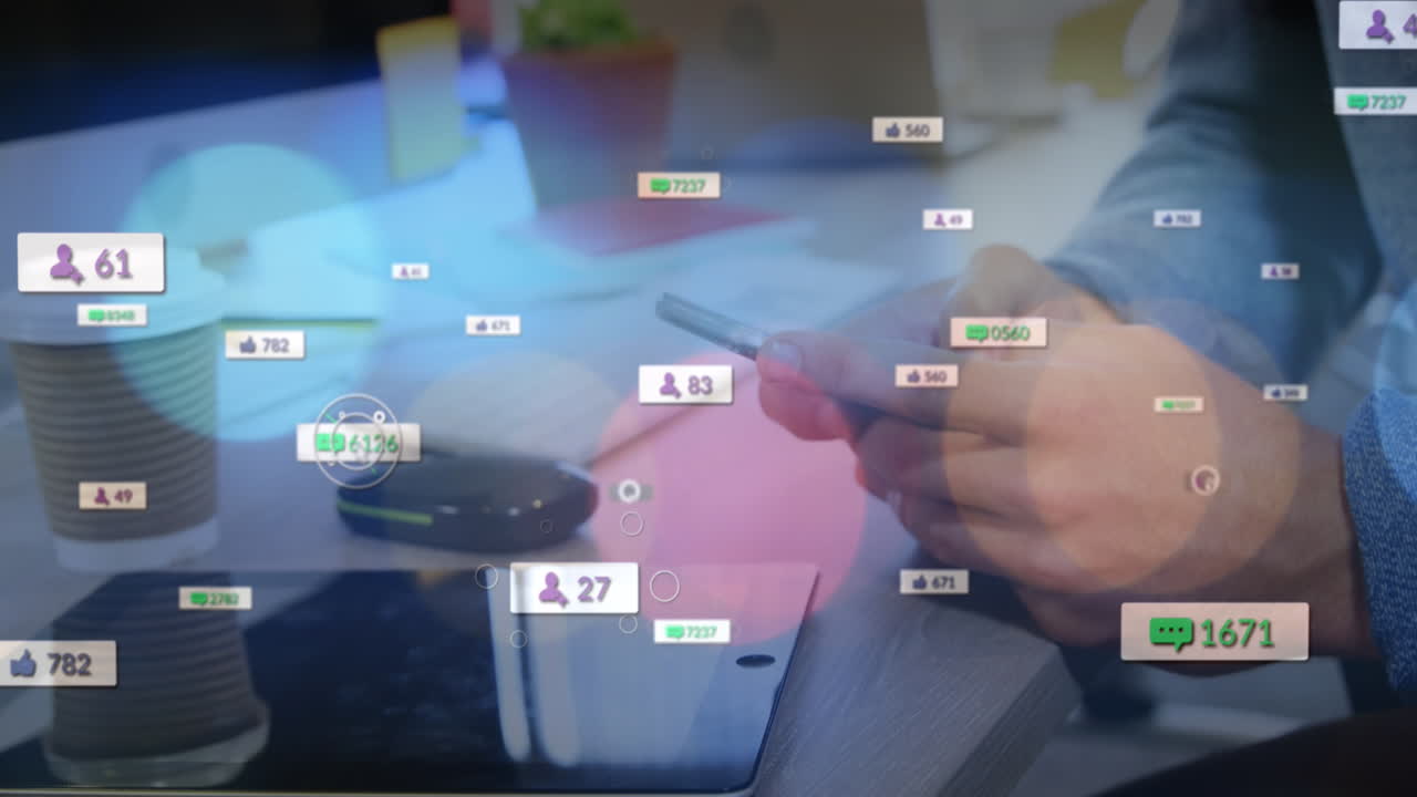 Animation of social media icons and spots of light over mid section of businessman using smartphone