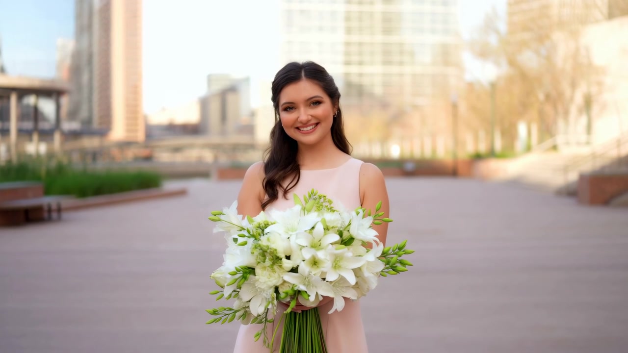 Una donna in abito rosa sta ferma, tenendo un bouquet di fiori, in un'area urbana all'aperto con uno sfondo di paesaggio urbano sereno e naturale. L'ambiente calmo e pulito è ideale