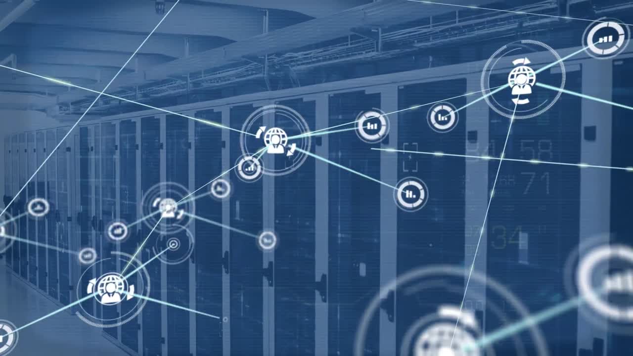 Animation of network of data icons processing over computer server room