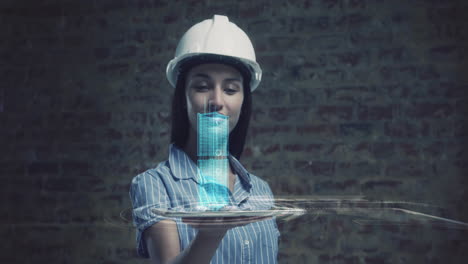 animación de un modelo interactivo en 3d de la ciudad girando sobre una tableta sostenida por una arquitecta