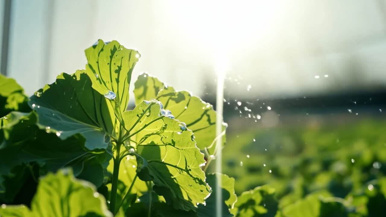 Close-up of green leaves with water drops in a field