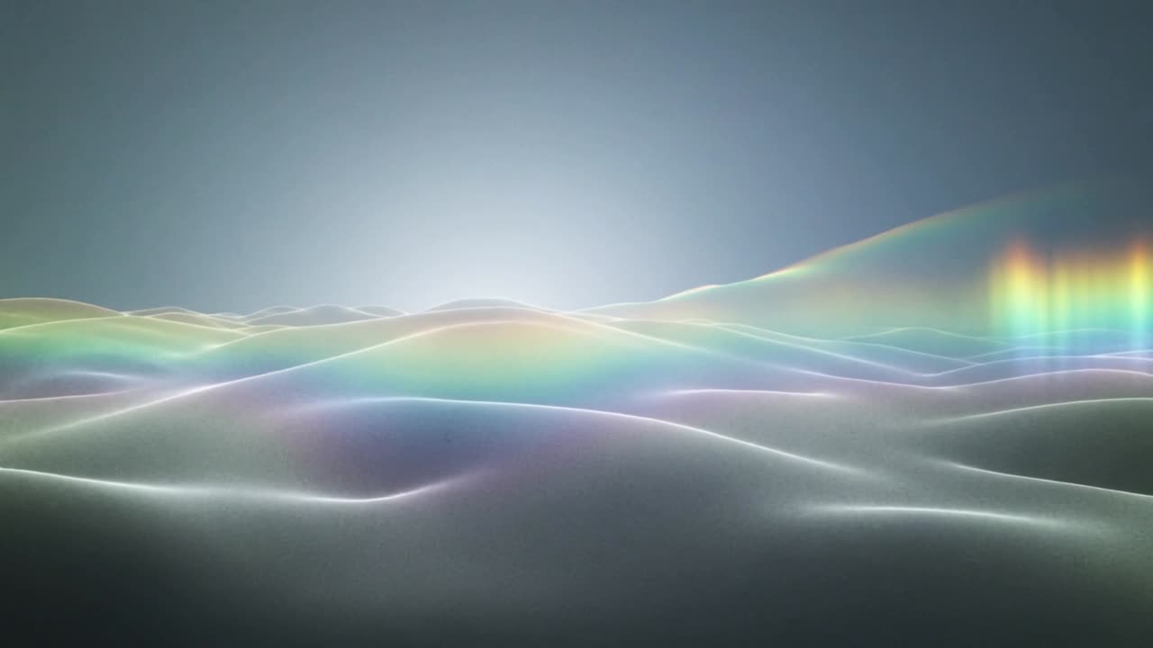 Rippling iridescent surface advancing in render, rainbow columns emerging from frame2 as glow rises