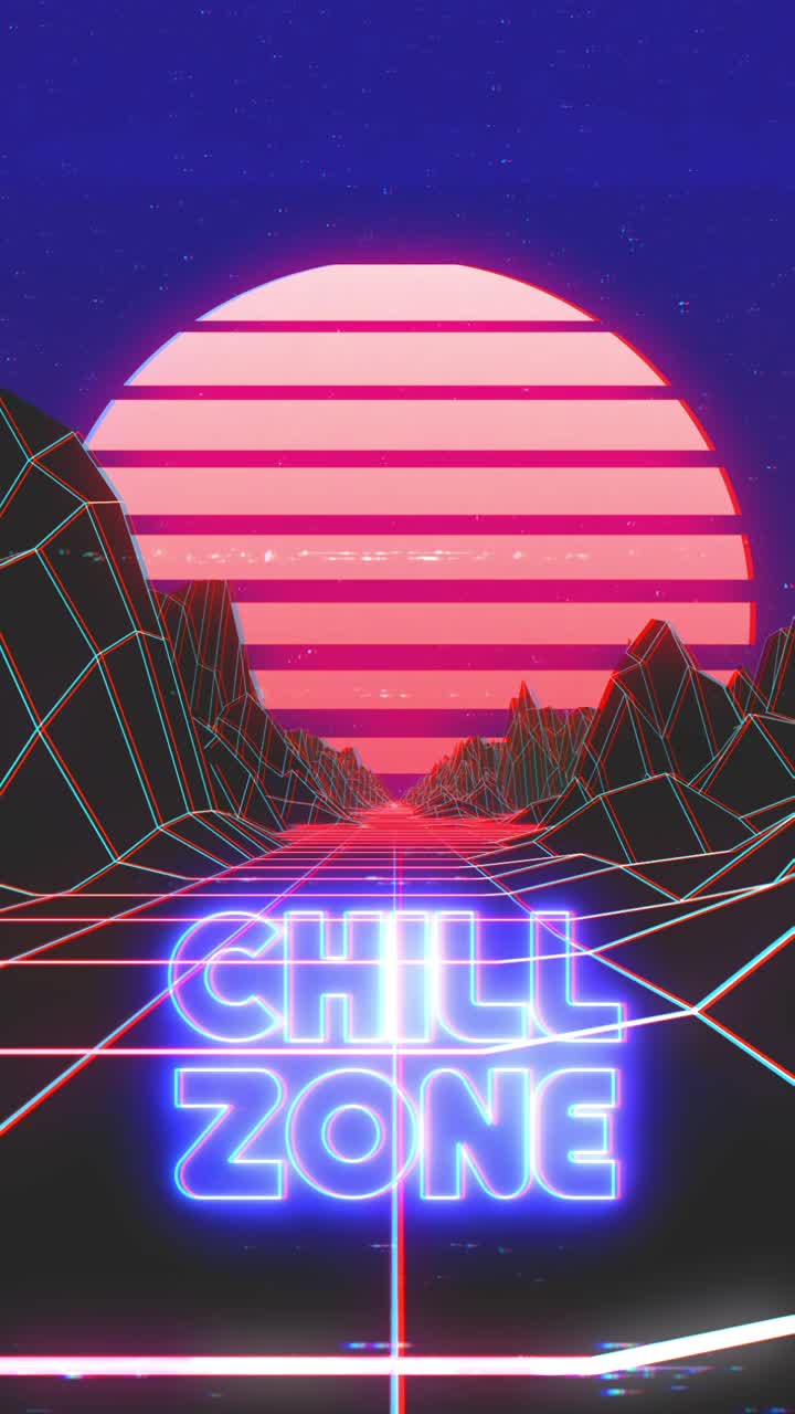 Zona chill synthwave rétro con testo al neon e paesaggio wireframe