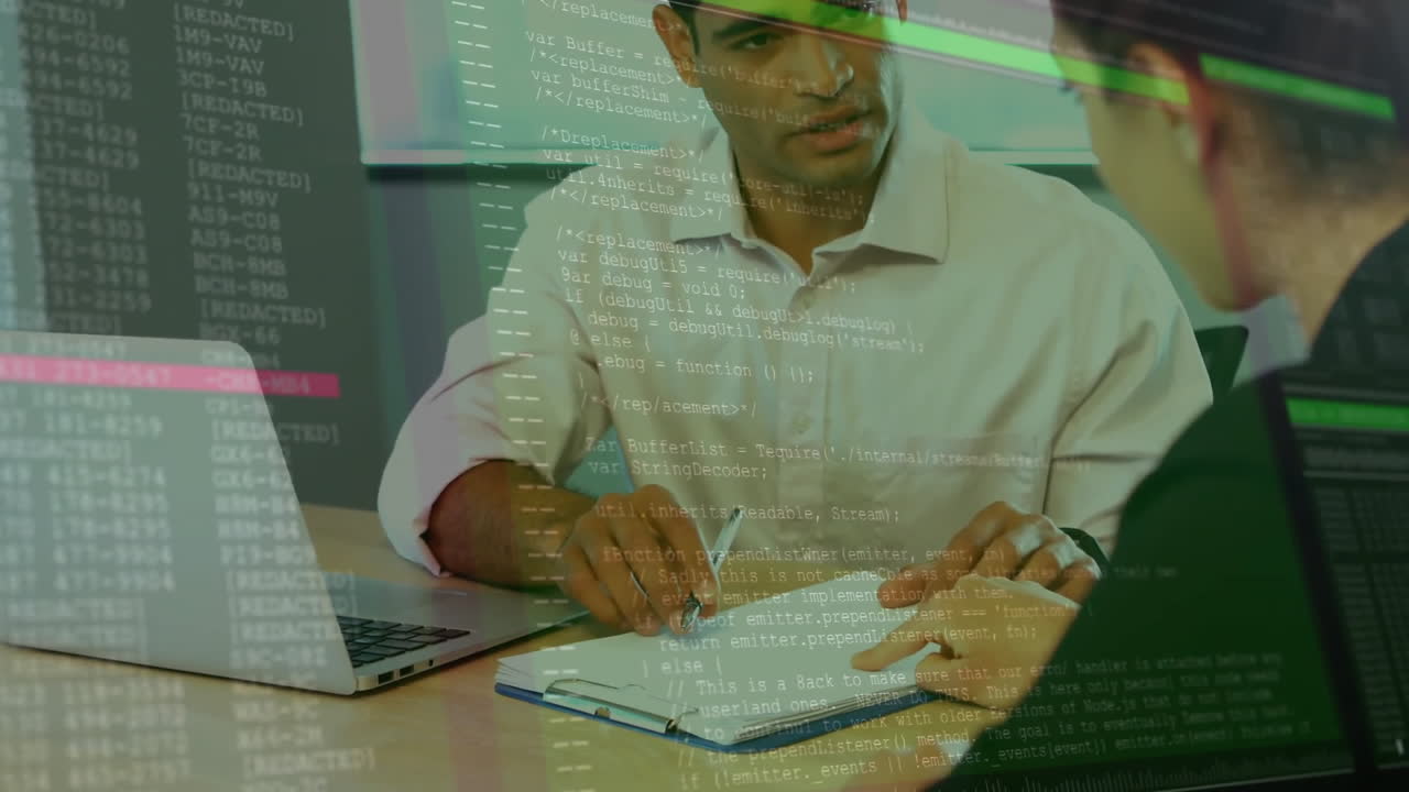 Discussing documents, business professionals with computer code animation overlay in office