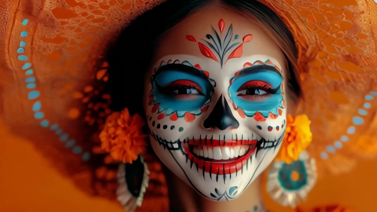Vibrant Dia de los Muertos celebration with woman in skull makeup and floral attire