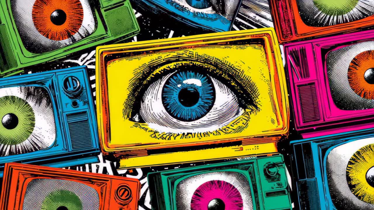 Vibrant pop art style footage of retro televisions showing human eyes, symbolizing surveillance, media influence, privacy and digital monitoring in a bold collage