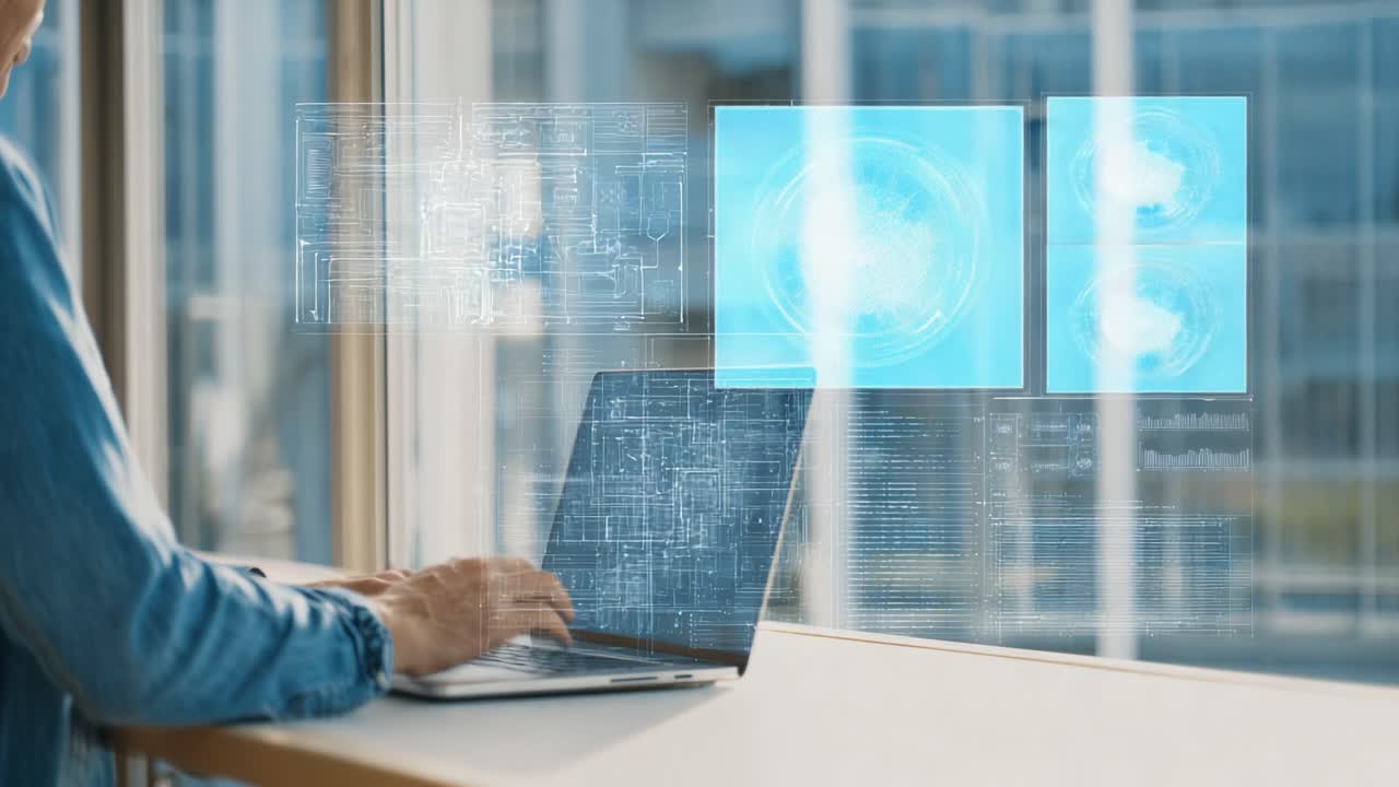 Exploring Digital Interfaces and Data Visualization: A Person Engaged with Advanced Technology While Working on a Laptop by a Window with Displays of Information