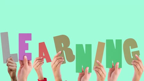animation of hands with learning text on green background