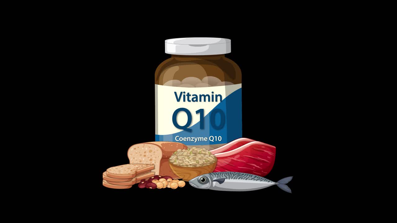 Vitamin Q10 bottle appears, then healthy food sources animate in, on a clean black background
