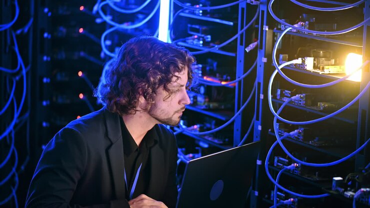 Man analysing data in a server room