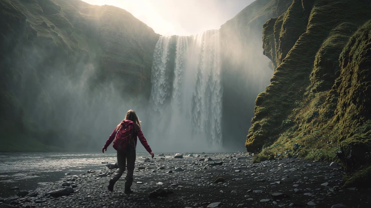Cinematic footage of a lone hiker with backpack walking along a rocky riverbed toward a towering waterfall, surrounded by mossy cliffs, mist, and soft sunlight