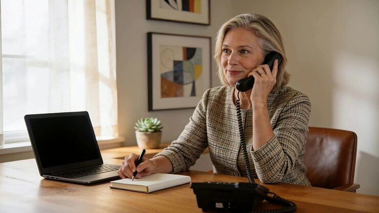 Kvinne som sitter ved et skrivebord og snakker i en svart telefon med ledning mens hun beveger en penn over en notatblokk, AI-generert