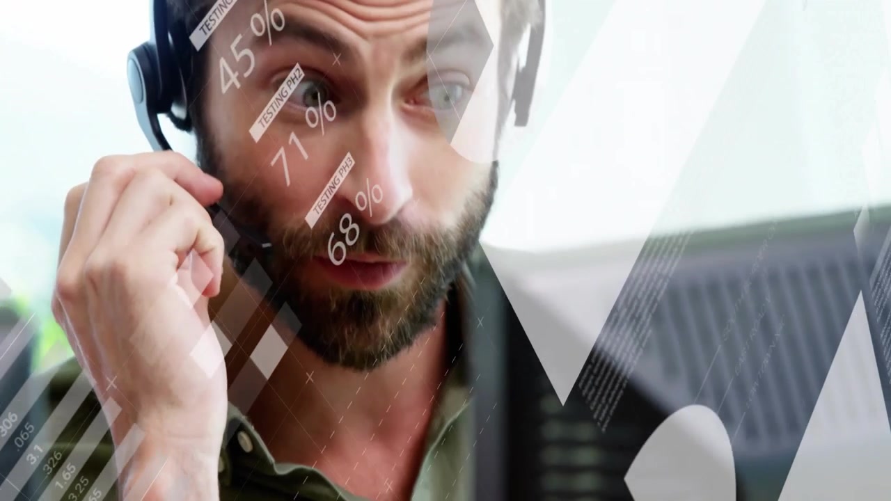 Animation of financial data processing over caucasian businessman using headset in office