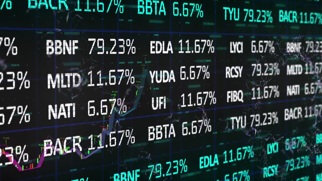 Animazione di elaborazione dati e mercato azionario su forme in movimento su sfondo nero