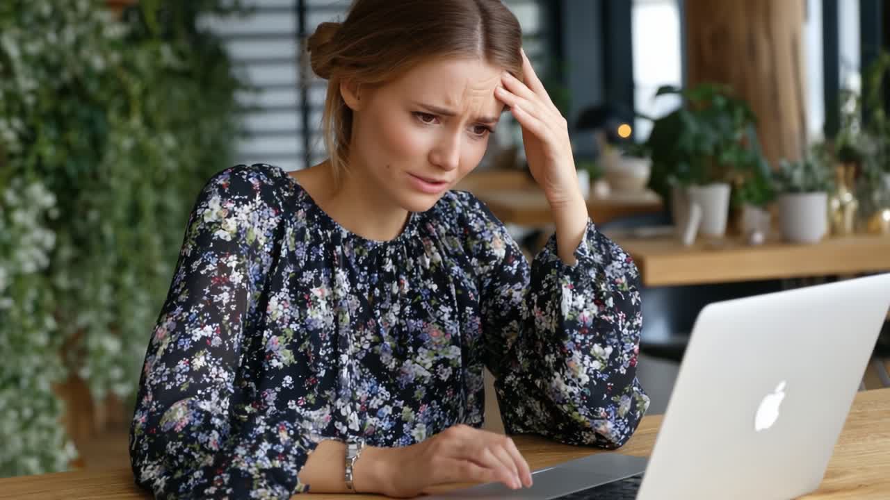 A Frustrated Woman Experiencing Stress While Working on Her Laptop in a Modern Workspace Surrounded by Indoor Plants and Natural Light