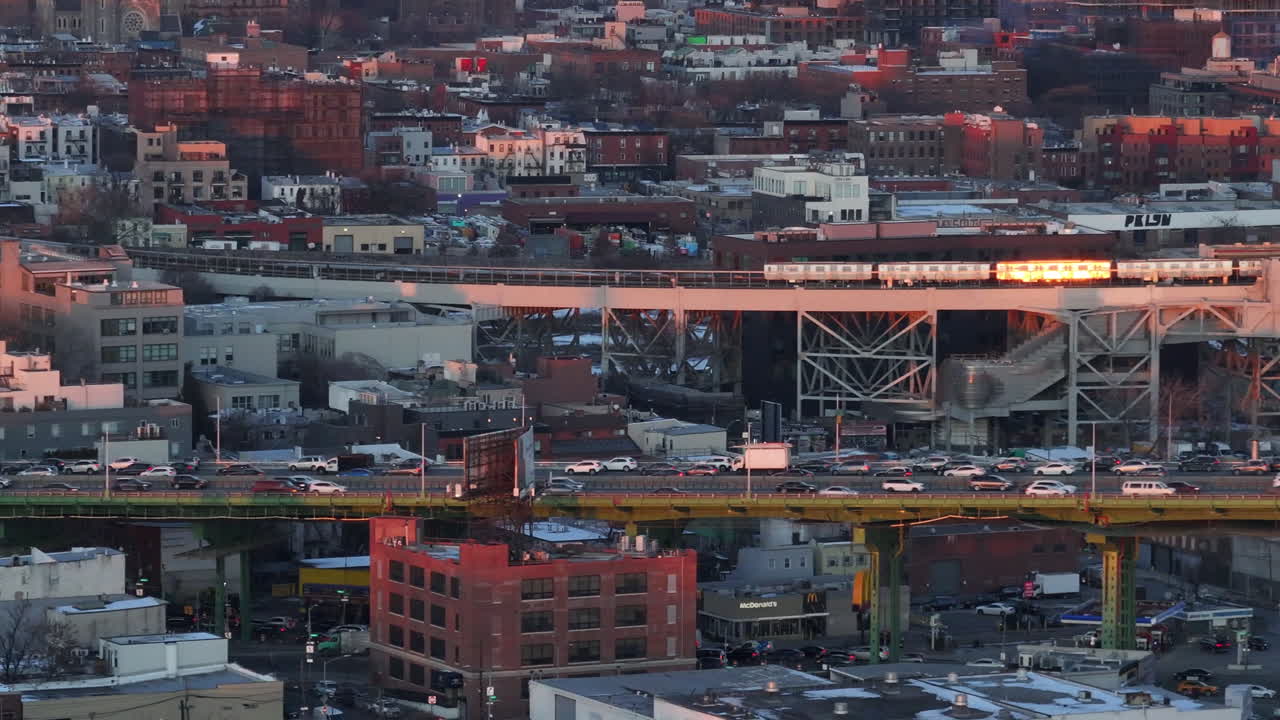 Aerial view of the subway in Brooklyn. Shot at dusk during the winter.