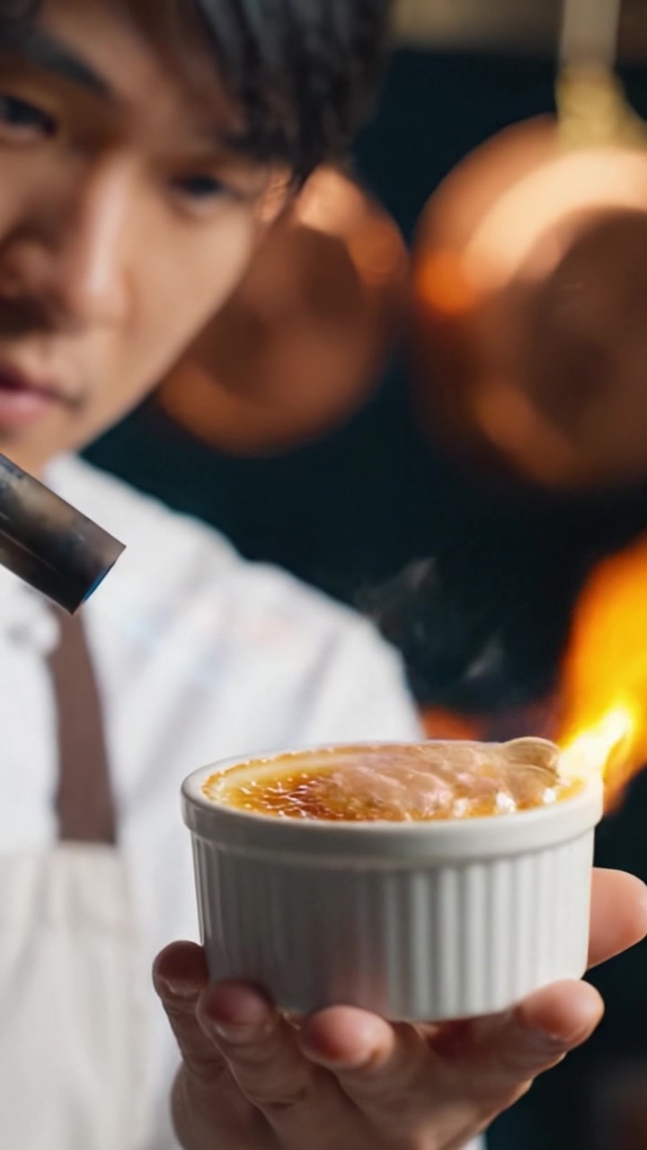 Uno chef prepara e presenta abilmente un delizioso dessert cremoso in un ambiente cucina elegante, mettendo in mostra competenza e arte culinaria.