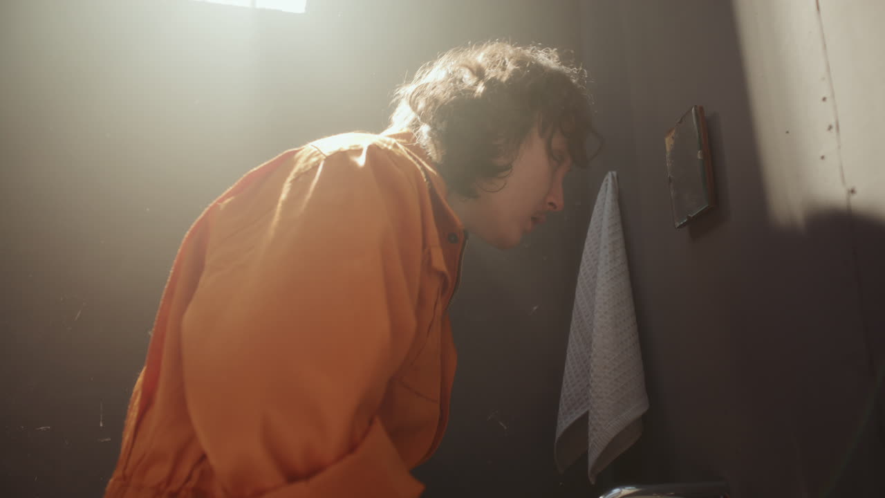 Inmate Washing Face above Sink in His Prison Cell in Morning