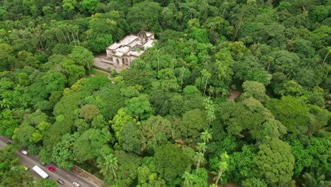 Bird's-eye-view-establishing-Lage-Park-leafy-vegetation-Rio-de-Janeiro-Brazil