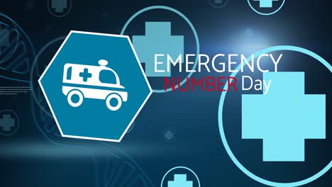 Animation-of-emergency-number-day-text-with-medical-icons-on-black-background