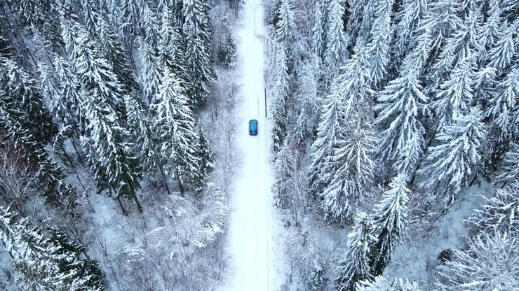 drone vliegt achter de auto en filmt van bovenaf rond het winterbos