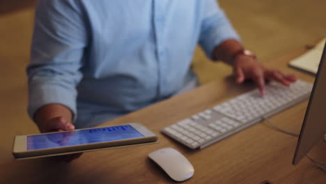 hands, tablet or man typing on computer in office