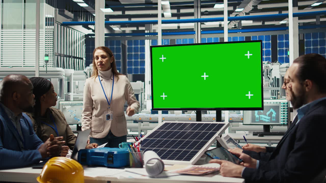 Factory Engineers Look Over Schematics During Meeting In Front Of Mockup Monitor