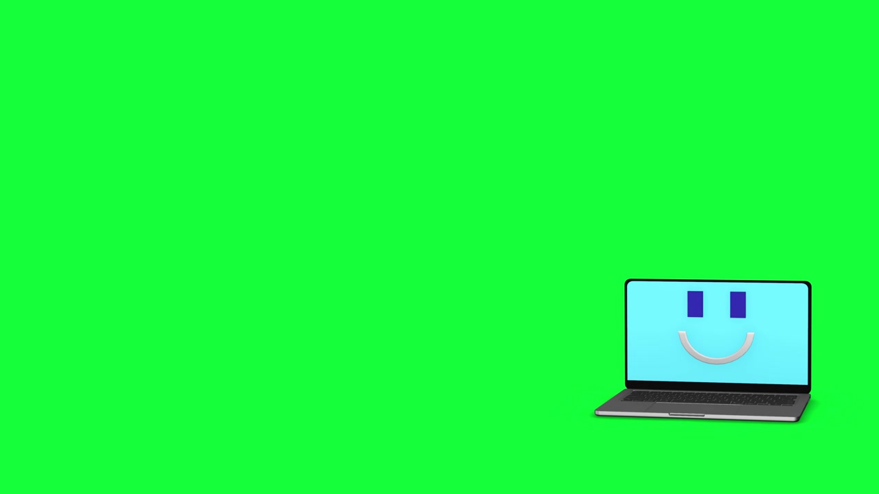 Visuale tecnologica di laptop con chroma key, icona dello schermo sorridente, sfondo verde brillante sostituibile e pulito