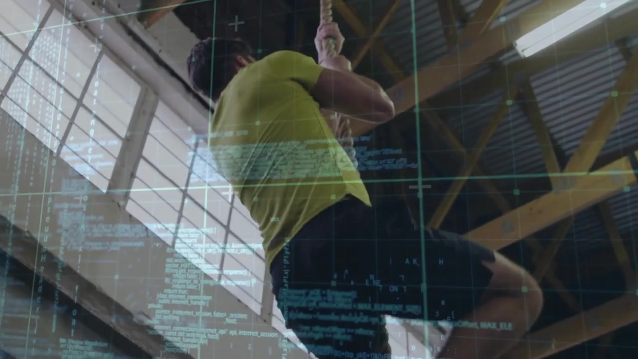 Man gripping rope and locking legs, climbing toward beams for fitness while HUD tracking ascent