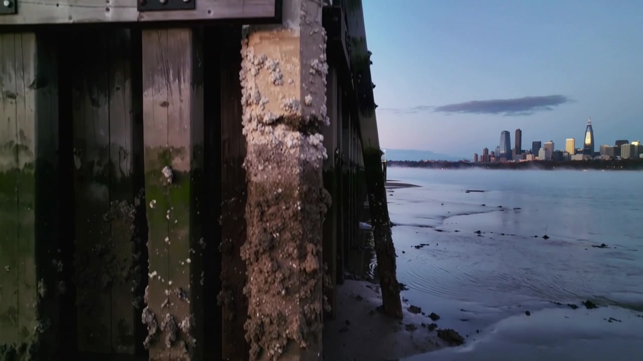 Telecamera che panoramica lungo un parabordi in cemento e pali di legno al tramonto, rivelando basi incrostate di cirripedi e lo skyline.