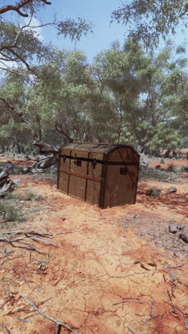 a weathered wooden chest sits in a desert landscape