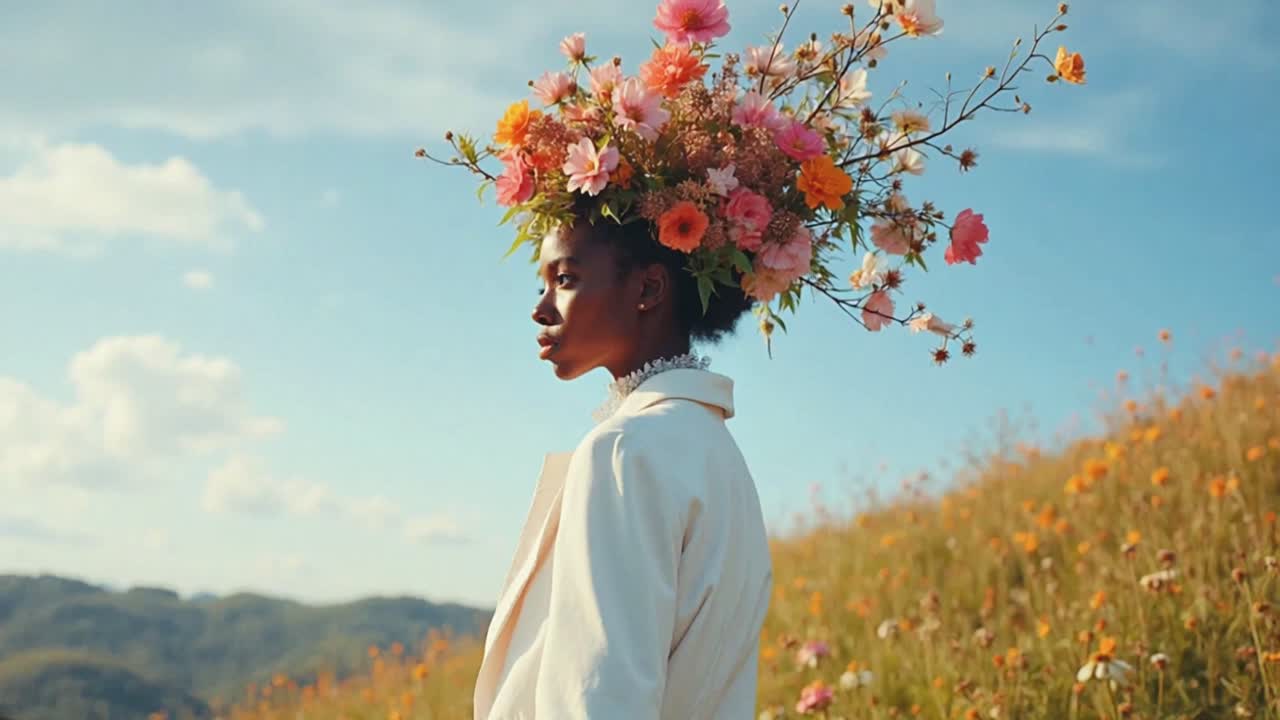 una mujer con una corona floral en un campo