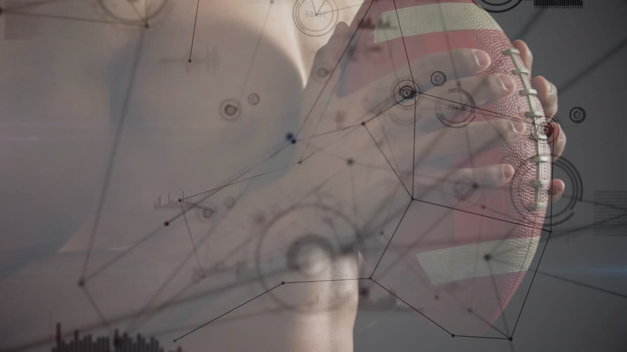 Male torso catching incoming football, hands closing and cradling ball, showing grip overlay moving