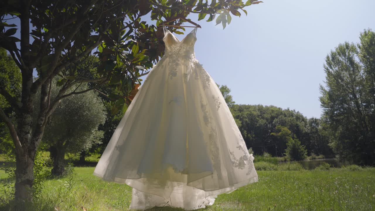 Beautiful Wedding Dress Hanging on a Tree Outdoors