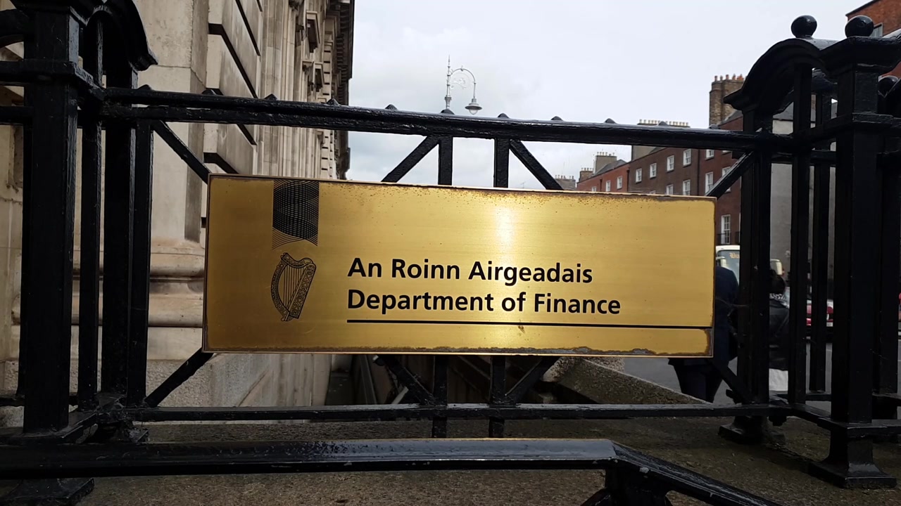 Out side the Irish Department of Finance Dublin City, Ireland. still video with people passing by.