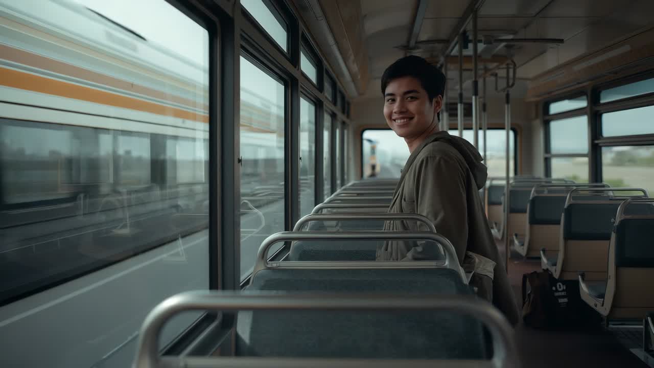 Uomo che si gira sorridendo alla telecamera mentre un treno in transito sorpassa un vagone, borsa nera vicino al sedile, spazio per il testo.