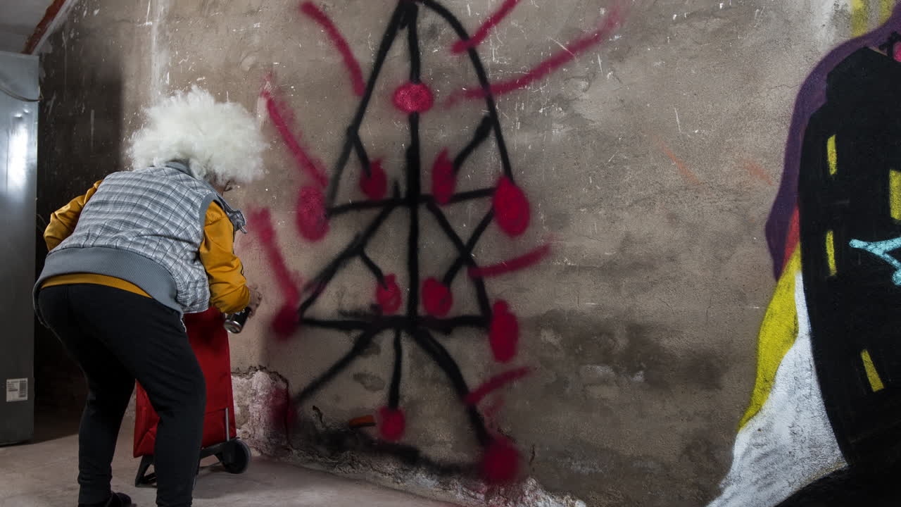 도시 벽 에 대항 하는 반역적 인 할머니 그래피티 예술가