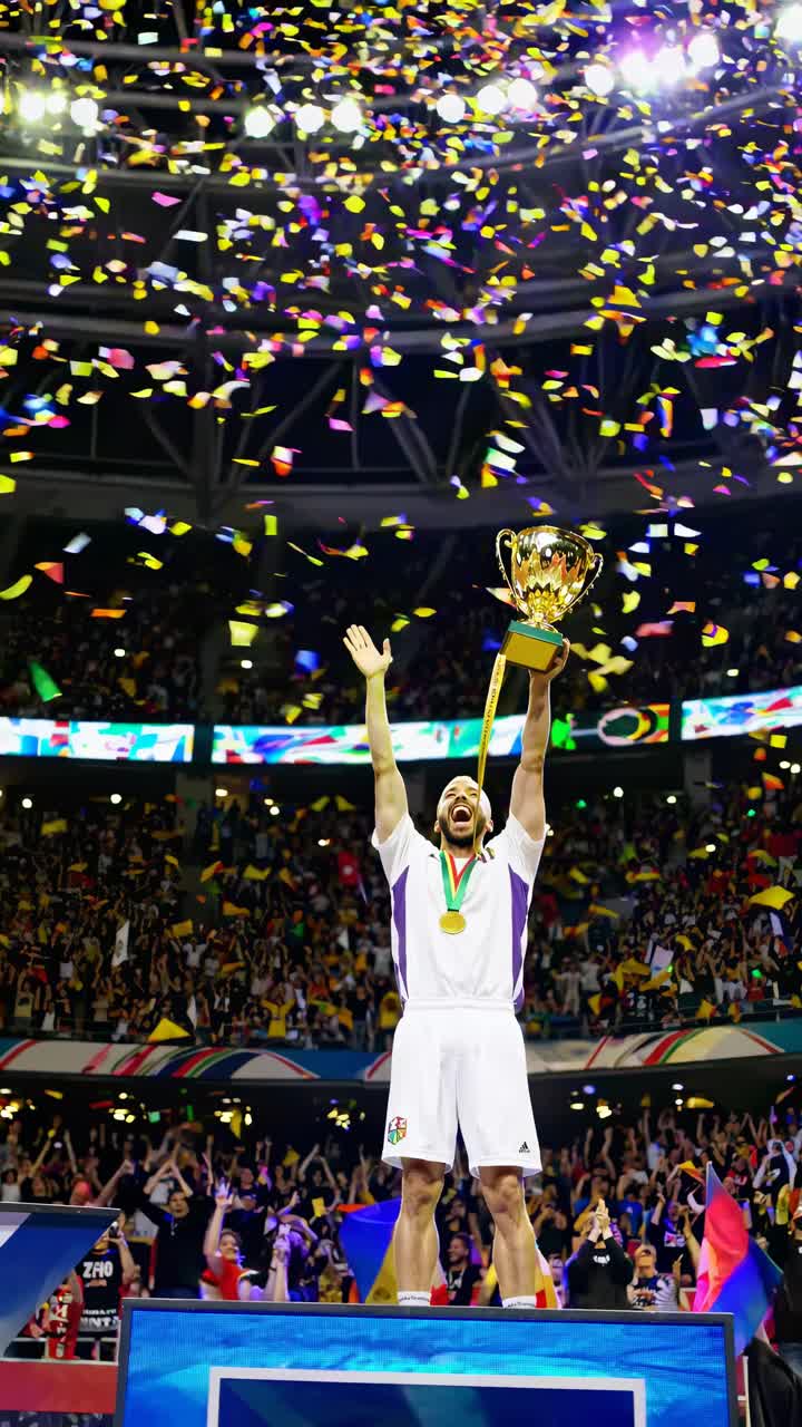Low-angle video capture of a victorious athlete holding a trophy amidst colorful confetti