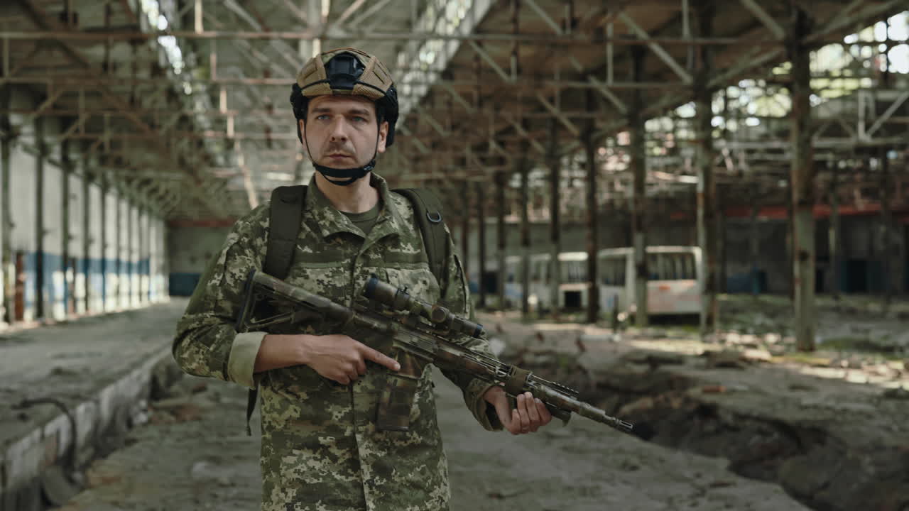 Soldier in a Destroyed Factory