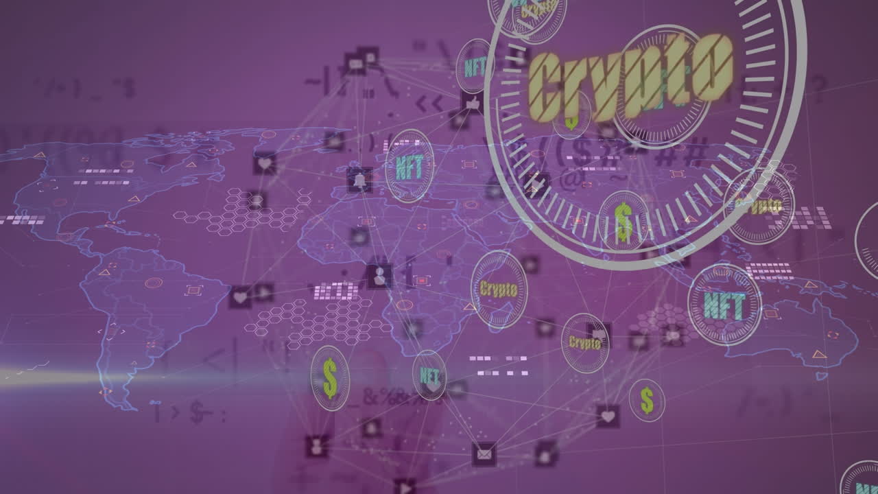 animación de símbolos monetarios sobre el mapa del mundo y procesamiento de datos