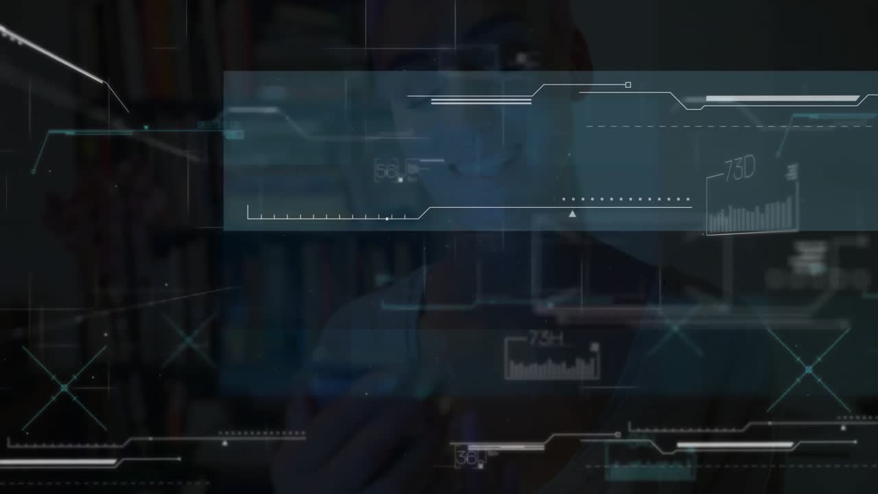 Woman lifting smartphone in library and tapping button, recalibrating tech UI panel with HUD graphs