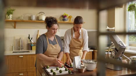 two women baking cookies in the kitchen